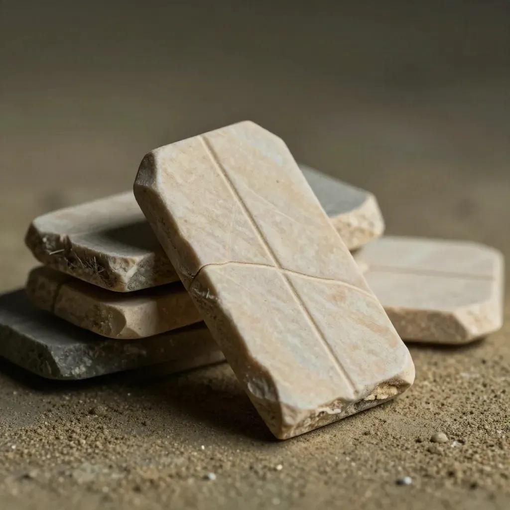 Macro of slate route tokens and a folded contour card on stone, lit by a raking beam.