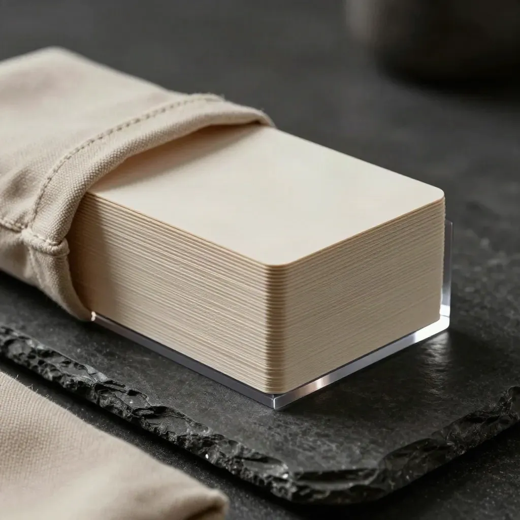 Square content cards, acrylic frame and linen pouch fanned on a dark studio stone surface.